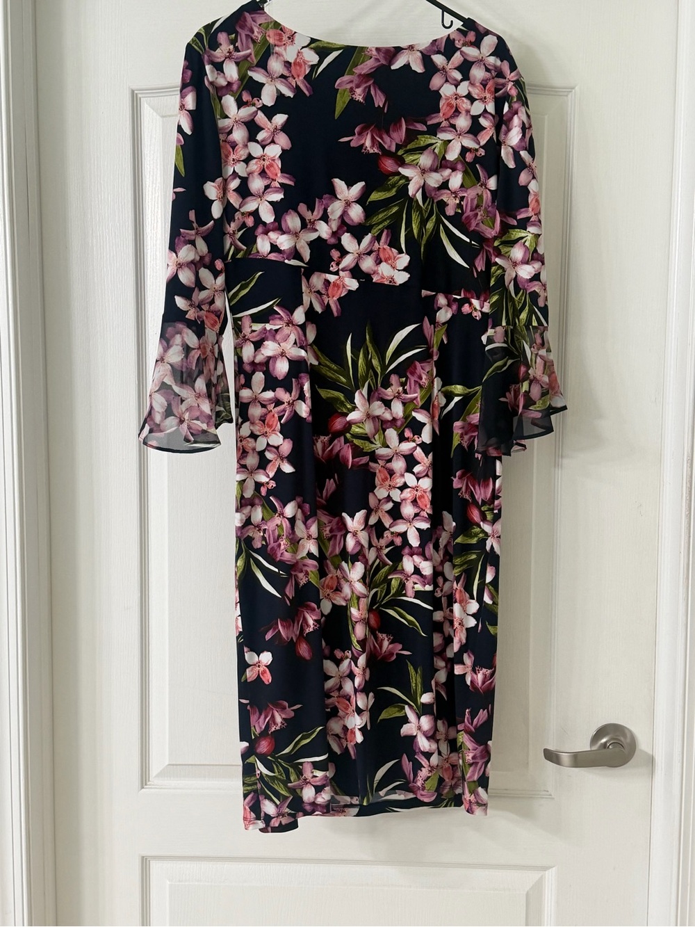 Boscov’s Connected Apparel Black Floral Midi Dress with Pink Blossoms